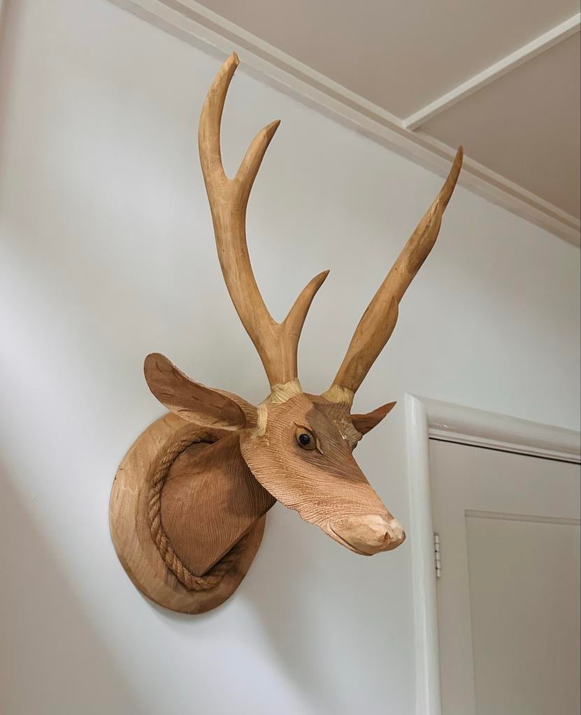 Houten hertenkop met gewei - 45x65 cm, Hout, Ophalen of Verzenden, Bruin, Landelijk