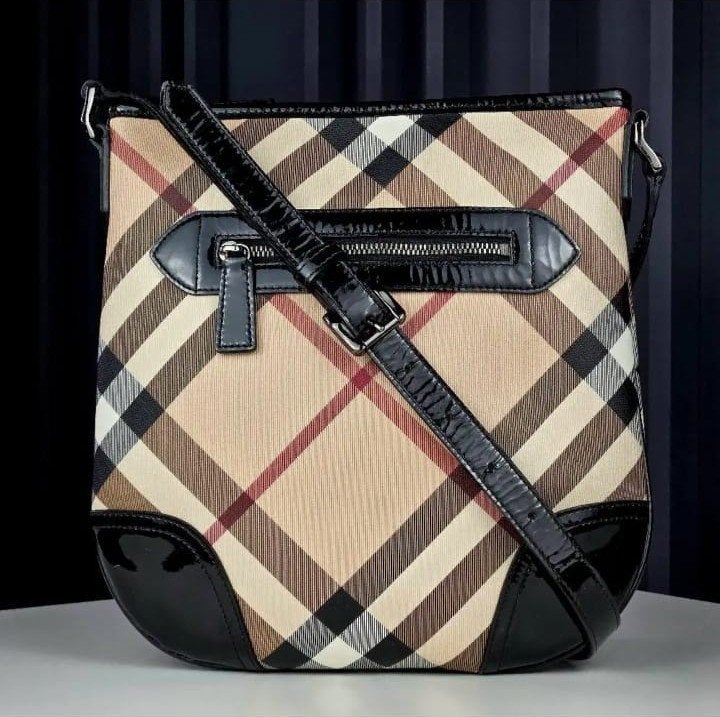 Burberry Dryden Supernova Check Crossbody – zwart lakleer, Ophalen, Zwart, Schoudertasje