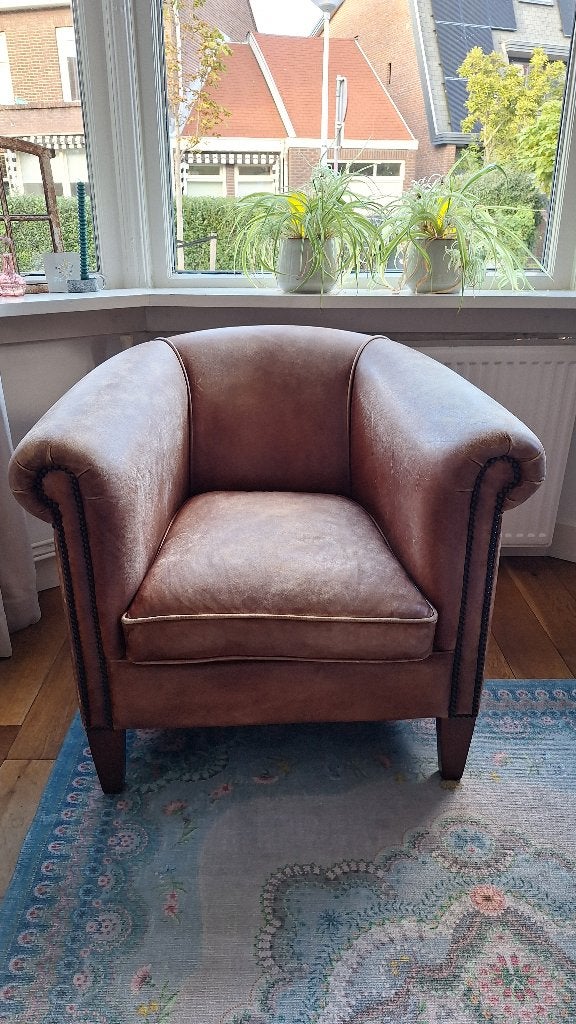 Bruine lederen fauteuil (Rowley Chair), Ophalen, Klassiek, Zo goed als nieuw, 75 tot 100 cm