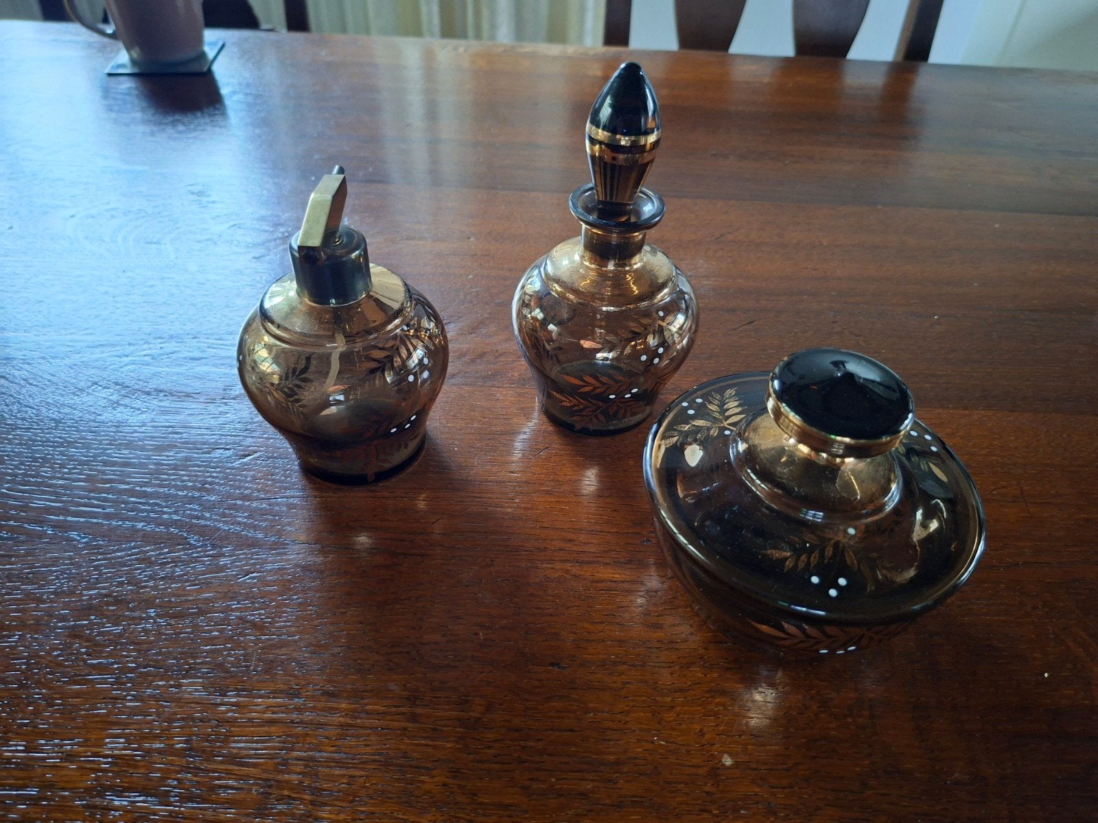 Vintage glazen toilet set met gouden details, Antiek en Kunst, Ophalen of Verzenden