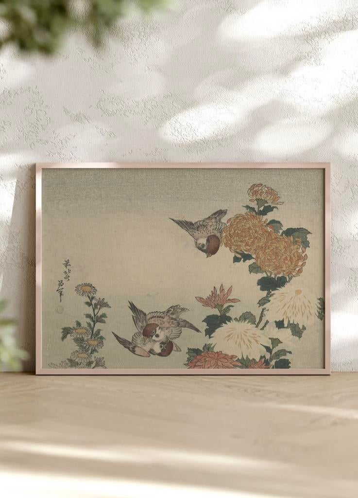 Japanse Kunstposter A4 - Mussen & Chrysanten, Ophalen of Verzenden, Nieuw