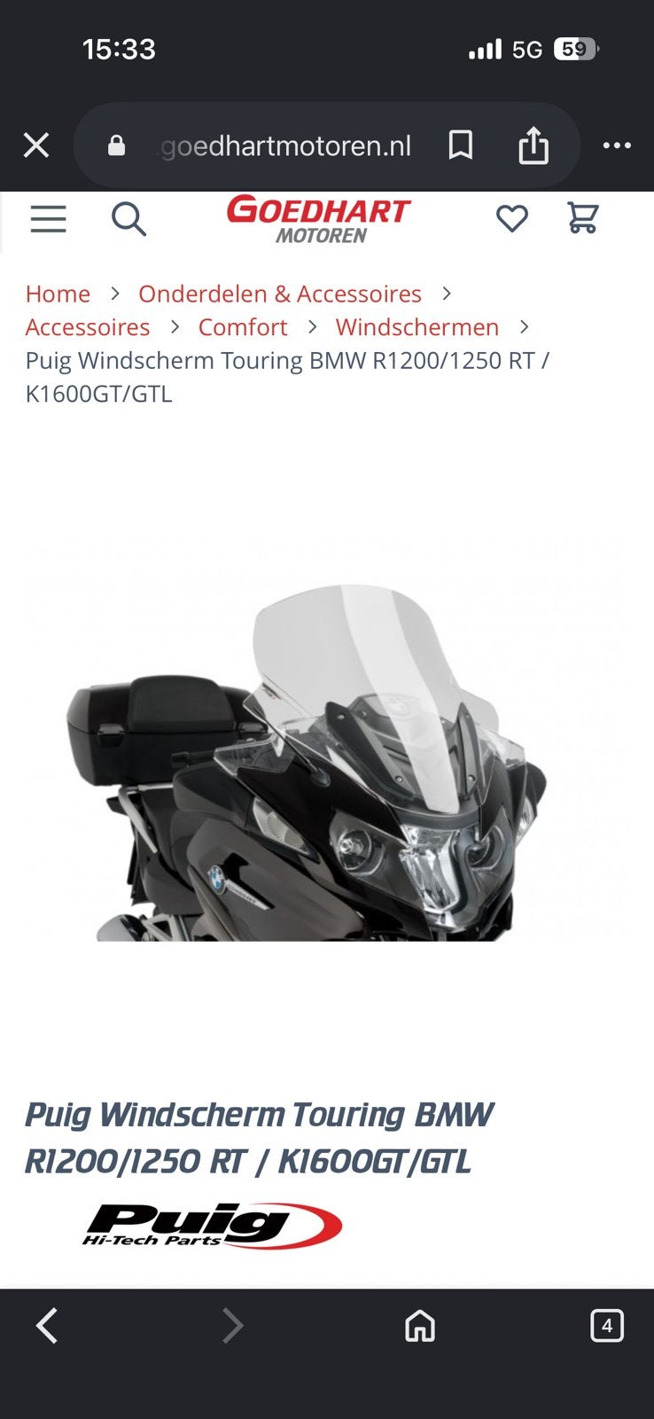 Puig Transparant windscherm voor bmw k1600gt en 1200/1250 rt, Ophalen of Verzenden, Gebruikt
