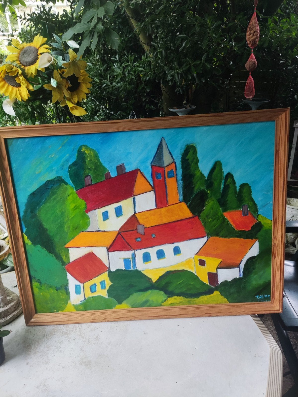 Schilderij T. Uljee - Dorpsgezicht op linnen (60x80cm), Gesigneerd, Ophalen of Verzenden, Olieverf, Stadsgezicht