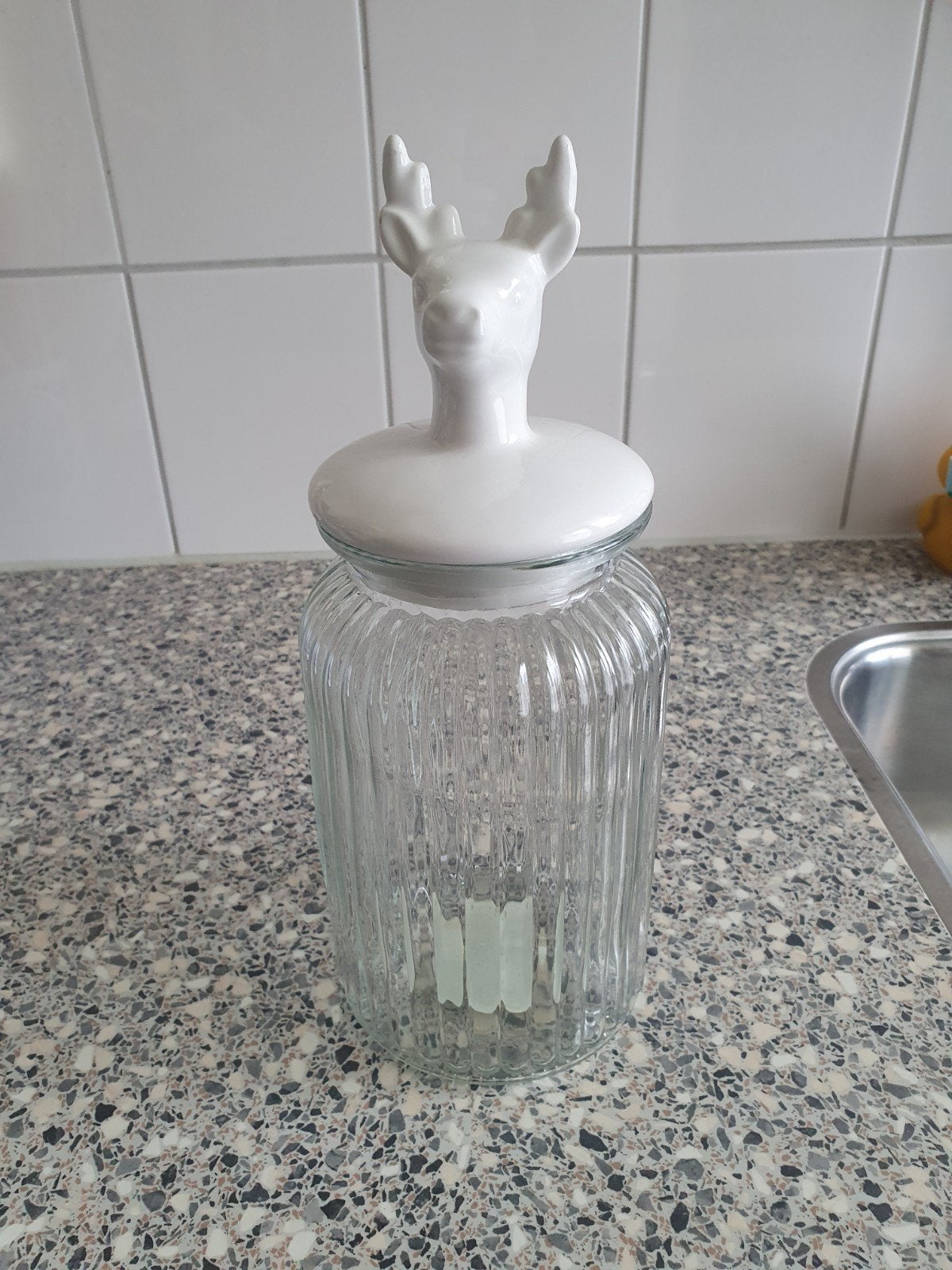 Glazen voorraadpot met hert deksel, Ophalen of Verzenden, Zo goed als nieuw, Modern, Wit
