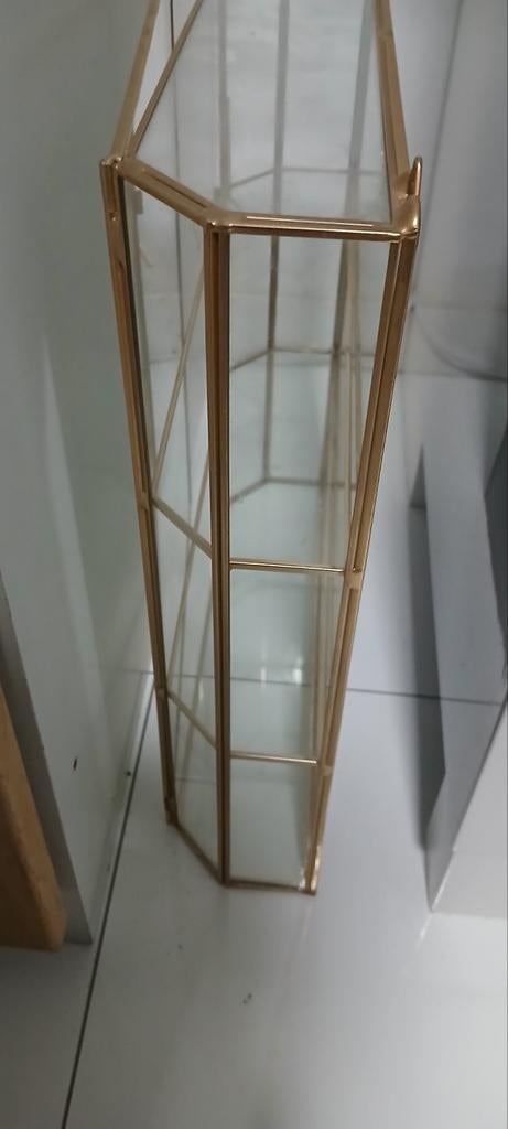 Glazen vitrinekast met gouden details, Huis en Inrichting, Kasten | Vitrinekasten, Zo goed als nieuw, 100 tot 150 cm, Minder dan 50 cm
