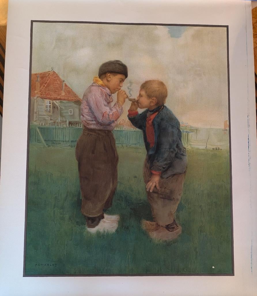 Frantz Charlet - Rokende Volendamse Knapen, Lithografie, Ophalen of Verzenden