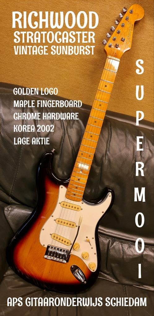 RICHWOOD GOLDEN LOGO STRATOCASTER VINTAGE SUNBRST KOREA 2002, Ophalen of Verzenden, Zo goed als nieuw, Solid body, Overige merken
