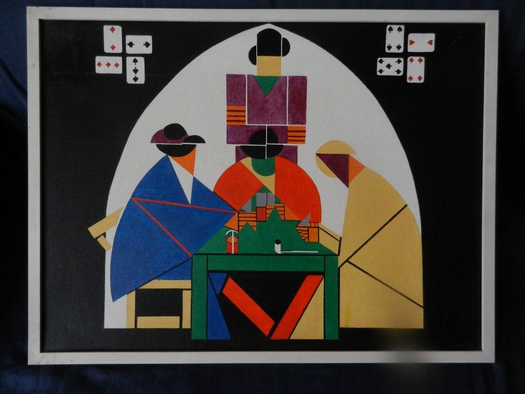 Olieverf De Kaartspelers Theo van Doesburg kopie geschilderd, Antiek en Kunst, Ophalen of Verzenden, Handgeschilderd, Olieverf