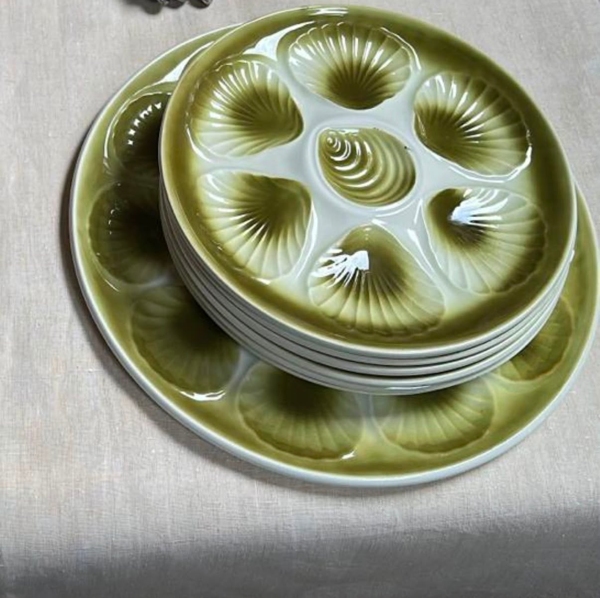 Franse Oesterborden vintage groen met wit/ moullin des loups, Overige merken, Vintage, Ophalen of Verzenden, Zo goed als nieuw