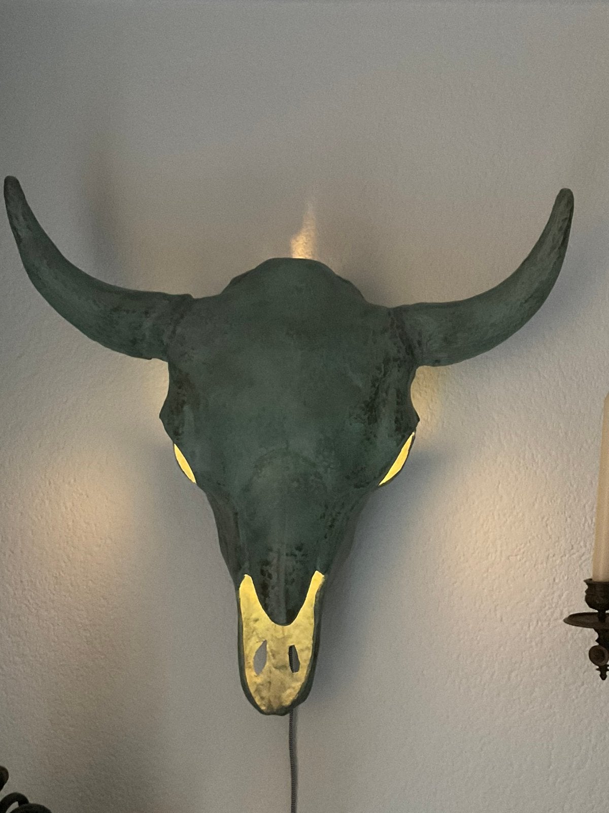 Metalen ossekop met verlichting - Wanddecoratie, Ophalen, Groen, Gebruikt, Metaal