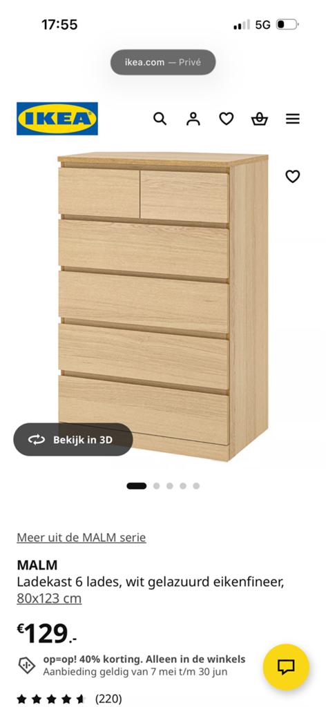 Ikea MALM Ladekast 6 lades eiken 80x123 cm, Overige materialen, 5 laden of meer, 100 tot 150 cm, Zo goed als nieuw