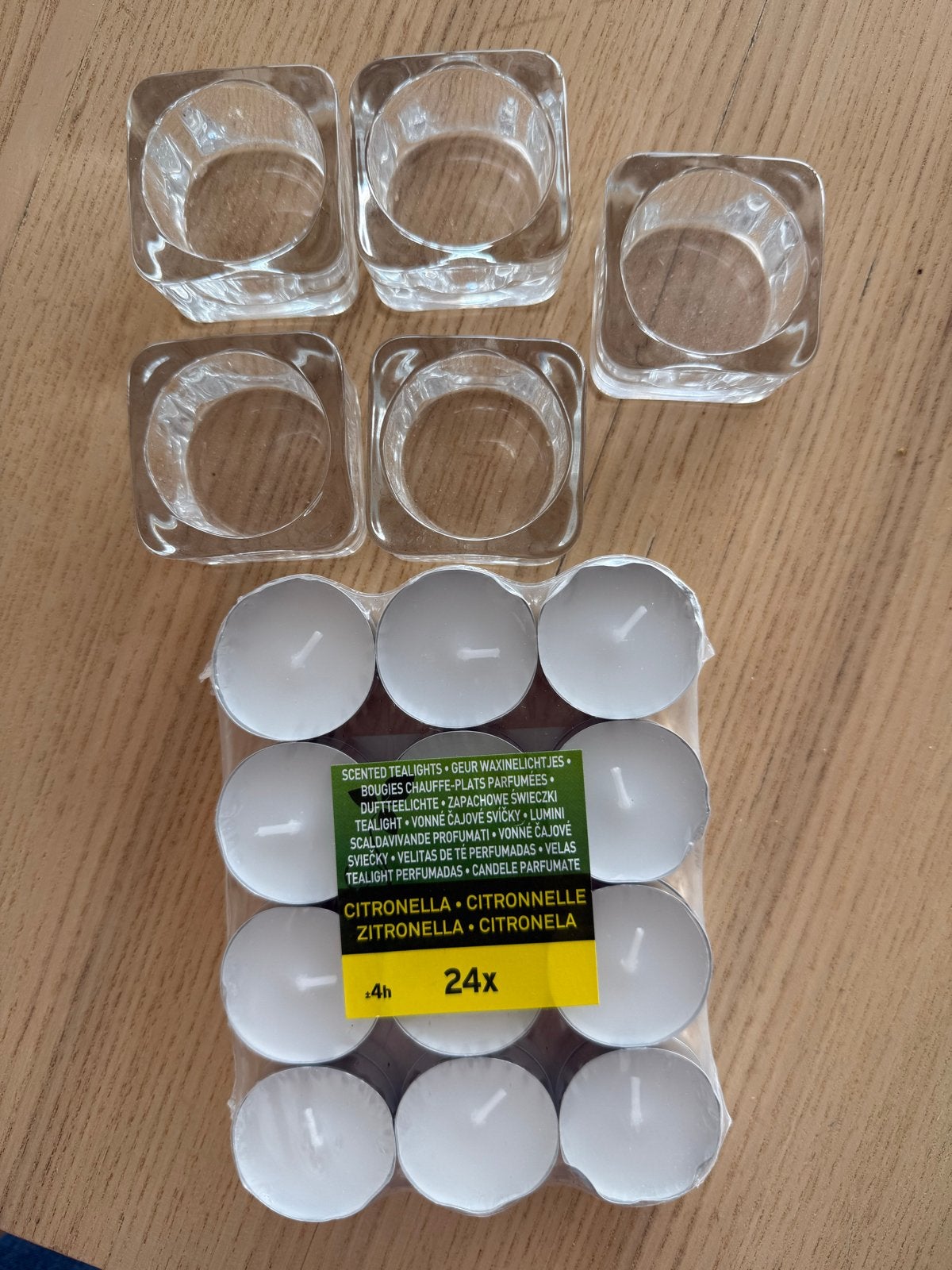 Glazen waxinelichthouders met citronella theelichtjes, Ophalen, Waxinelichthouder, Overig, Glas