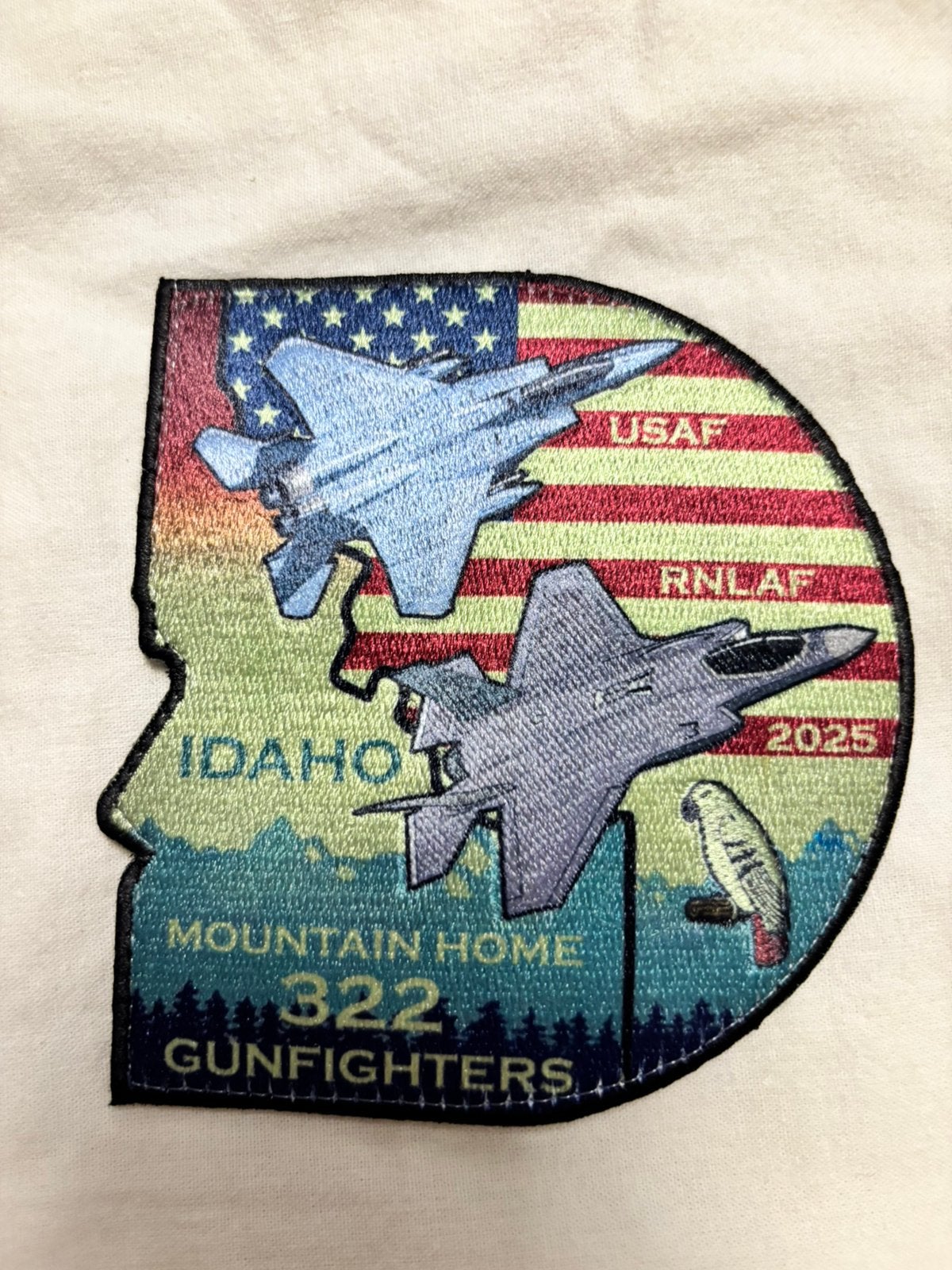 Embleem 322 SQN mountain home gunfighters RNLAF, Verzenden, Luchtmacht, Nederland, Embleem of Badge