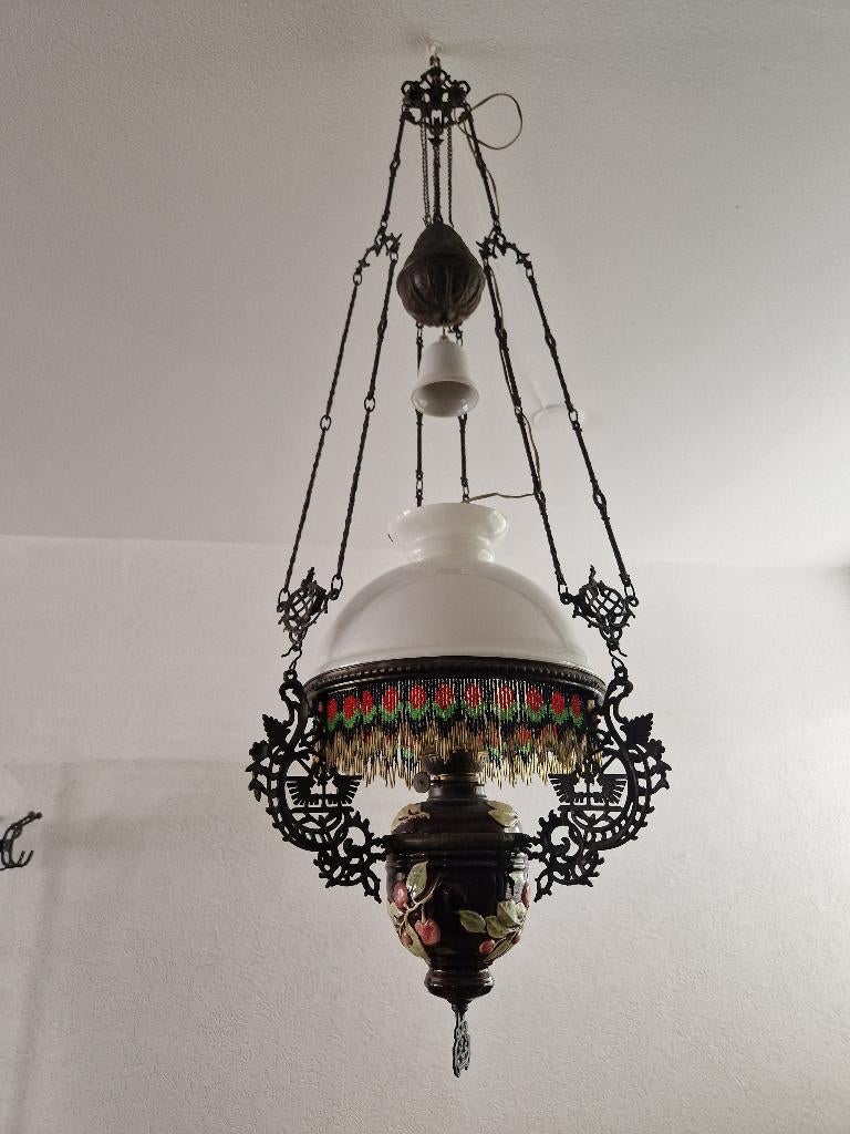 Antieke Art Nouveau hangende olielamp, Ophalen