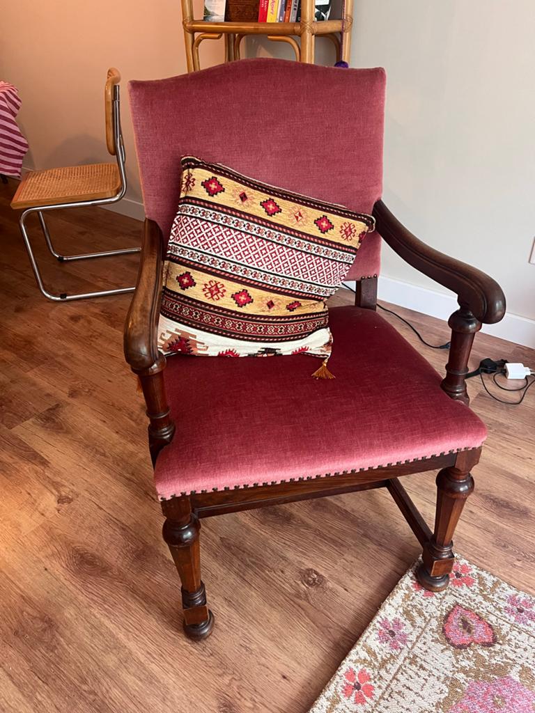 Vintage fauteuil met roze velours bekleding, Ophalen