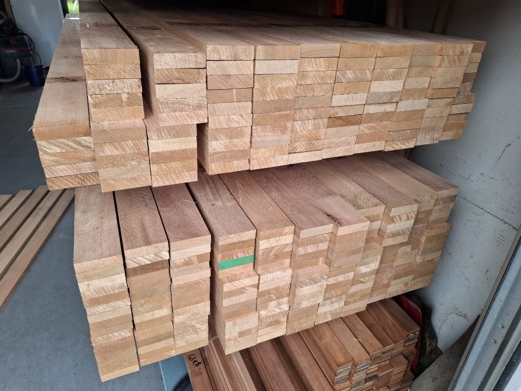 Partij (96x) MERANTI Hardhouten Planken: 70 x 19 x 1950 mm, Planken, Nieuw, Ophalen of Verzenden, Hardhout