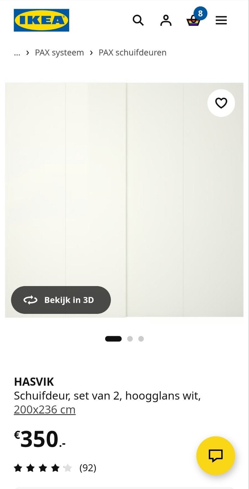 Ikea Pax schuifdeuren 236 x 200 meter, hoogglans wit, Ophalen, Zo goed als nieuw, 200 cm of meer, 200 cm of meer
