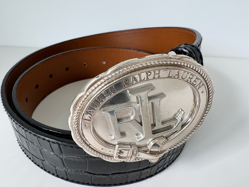 Zwarte leren riem, Zilver Logo-gesp Ralph Lauren, B-KEUZE, 3 tot 5 cm, 90 tot 100 cm, Tailleriem, Ophalen of Verzenden