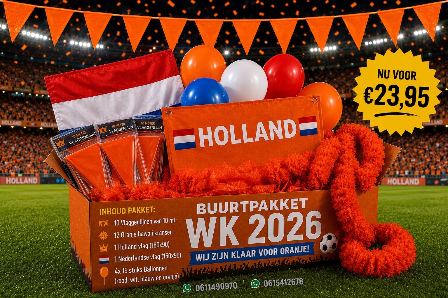 Oranje wk buurtpakket! Ook genoeg vlaggetjes!, Ophalen of Verzenden, Nieuw, Feestartikel, Oranje of Koningsdag