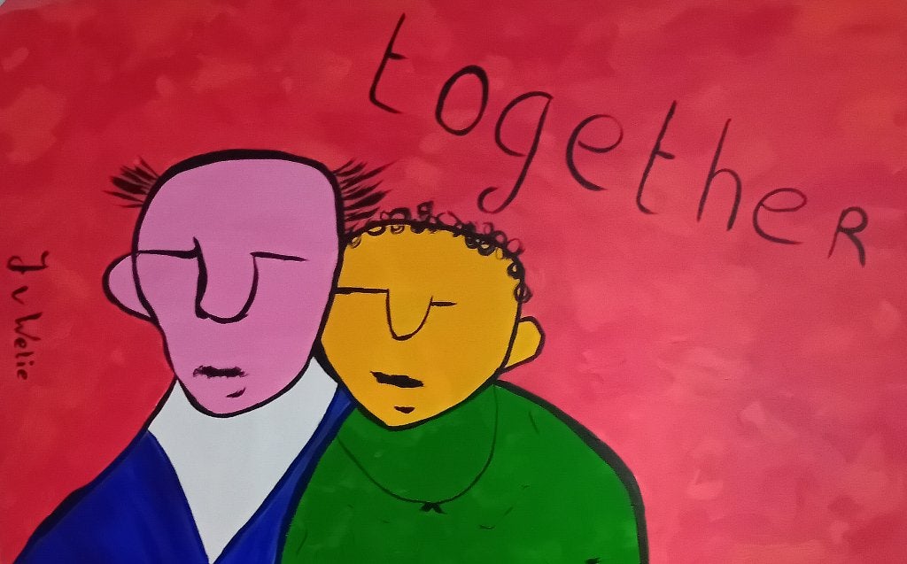 Modern schilderij 'Together' - Abstracte figuren, Antiek en Kunst, Ophalen, Gesigneerd, Overige materialen, Figuren
