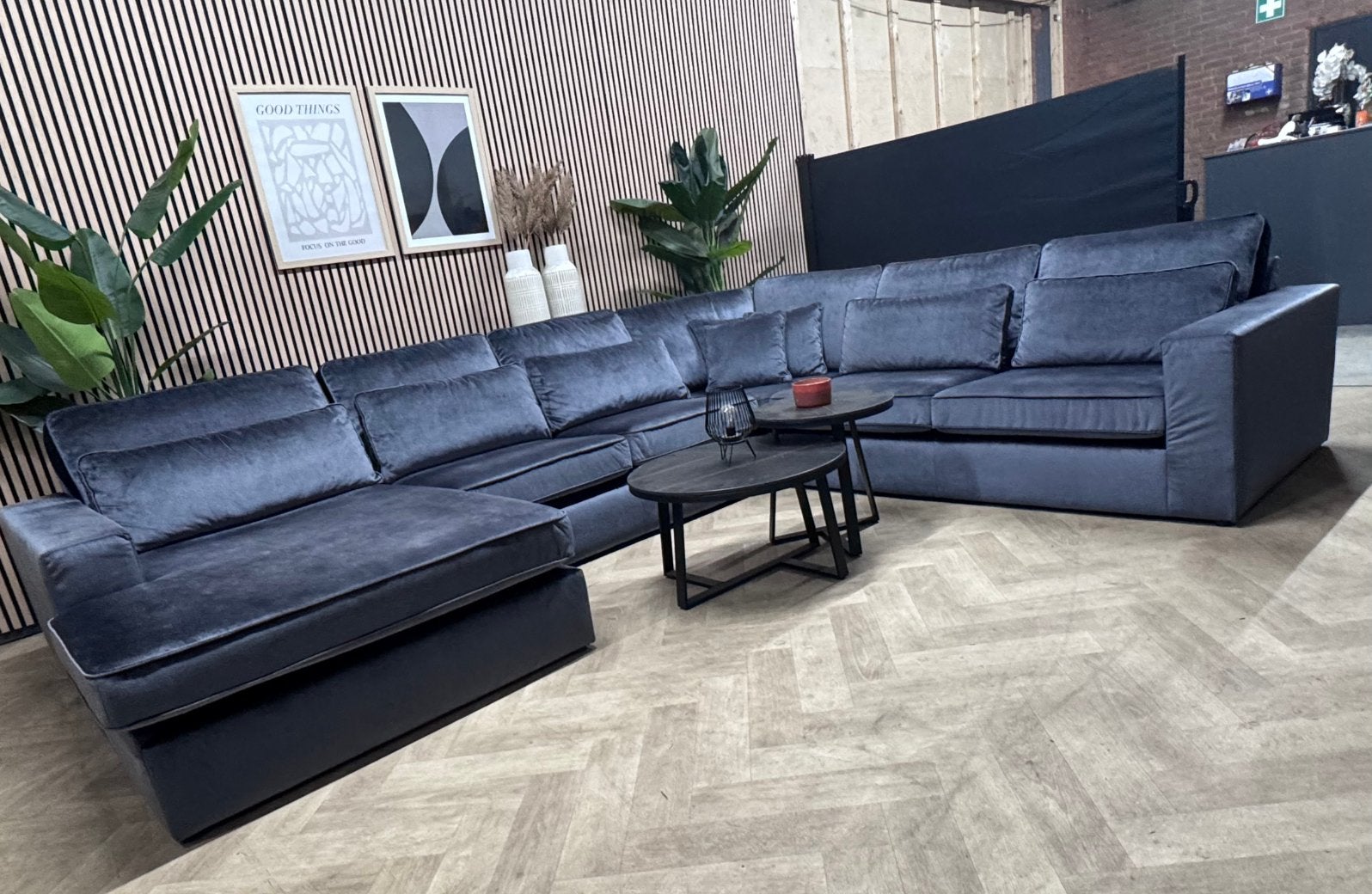 ZGAN Velvet Velours U-Bank / Hoekbank - Navy Blue - 365cm, -, -, Hoekbank, 300 cm of meer