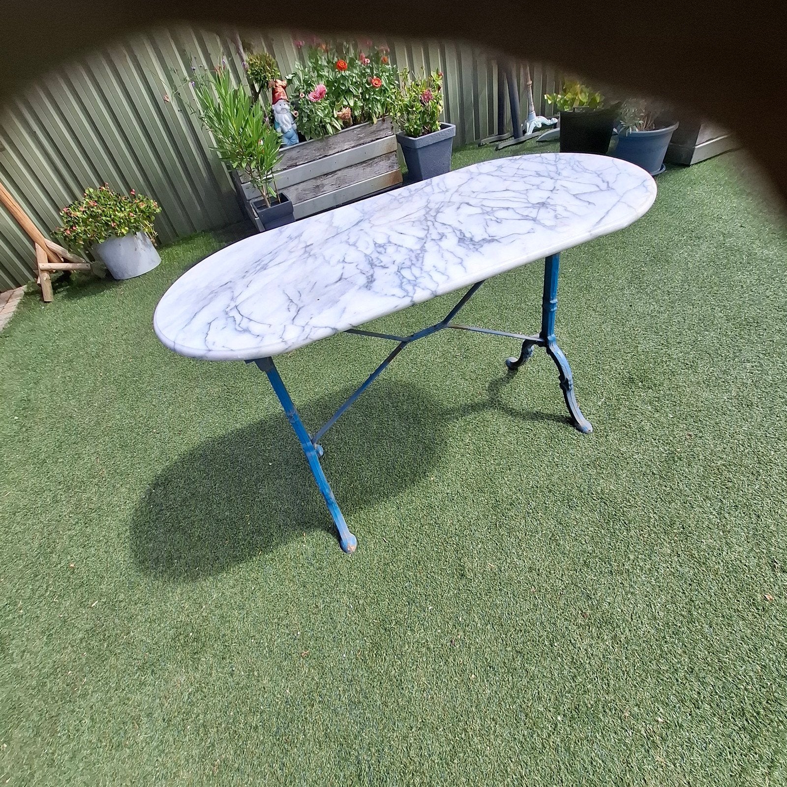 blauwe bistro tafeltjes met marmerblad 120x60cm. hoogte 76cm, Ophalen, Ovaal, Metaal