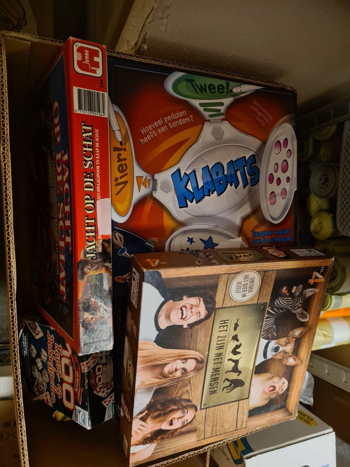 Doos vol gezelschapsspellen: Klabats, Jacht op de Schat, Vijf spelers of meer, Ophalen of Verzenden, Gebruikt, Jumbo
