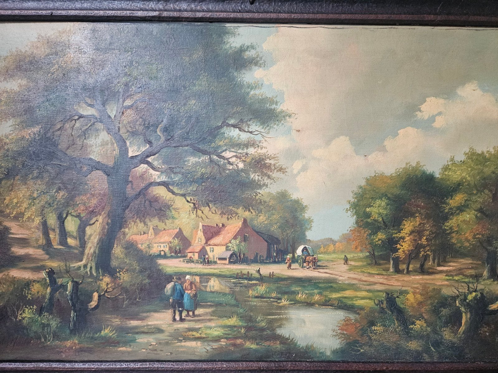 Oud Hollands Landschap Schilderij met Figuren en Kar, Antiek en Kunst, Ophalen, Doek, Oud hollands, Origineel werk