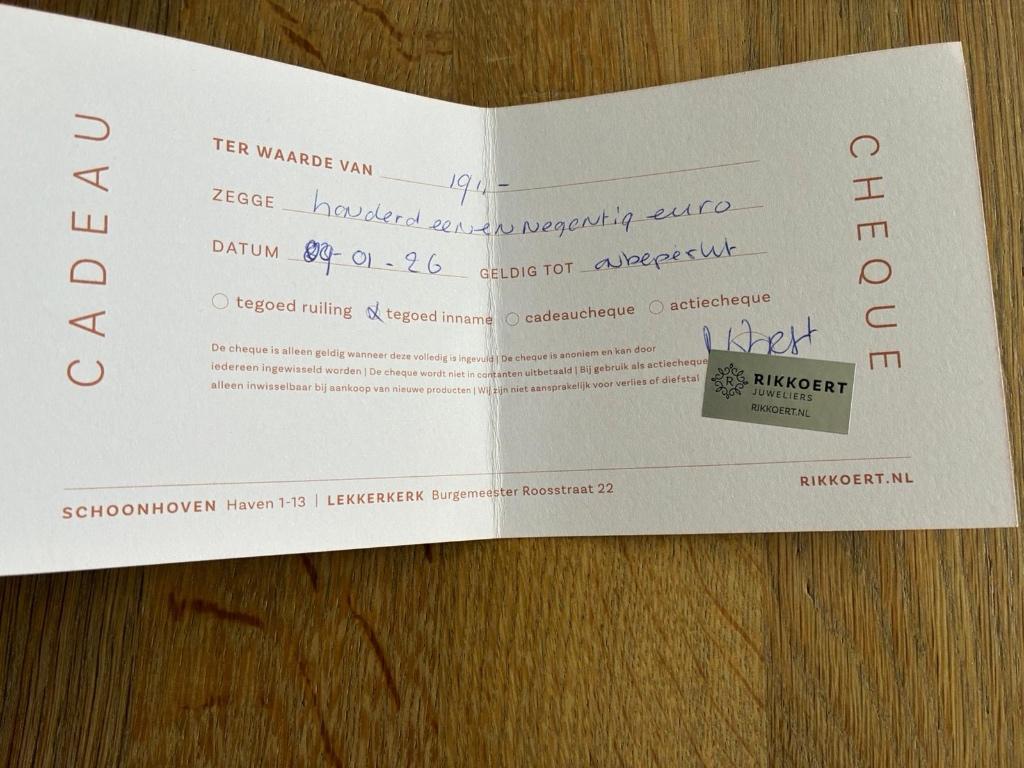 Waardebon juwelier Rikkoert, Tickets en Kaartjes, Kortingen en Cadeaubonnen, Eén persoon, Cadeaubon, Overige typen