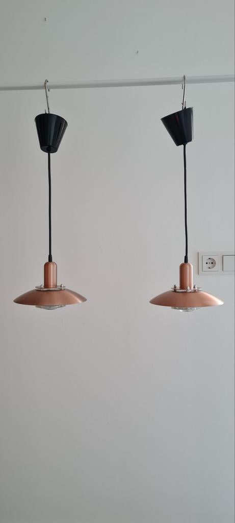 2 rose gouden Deense schalenhanglampen, Huis en Inrichting, Lampen | Hanglampen, Ophalen of Verzenden, Zo goed als nieuw, Metaal