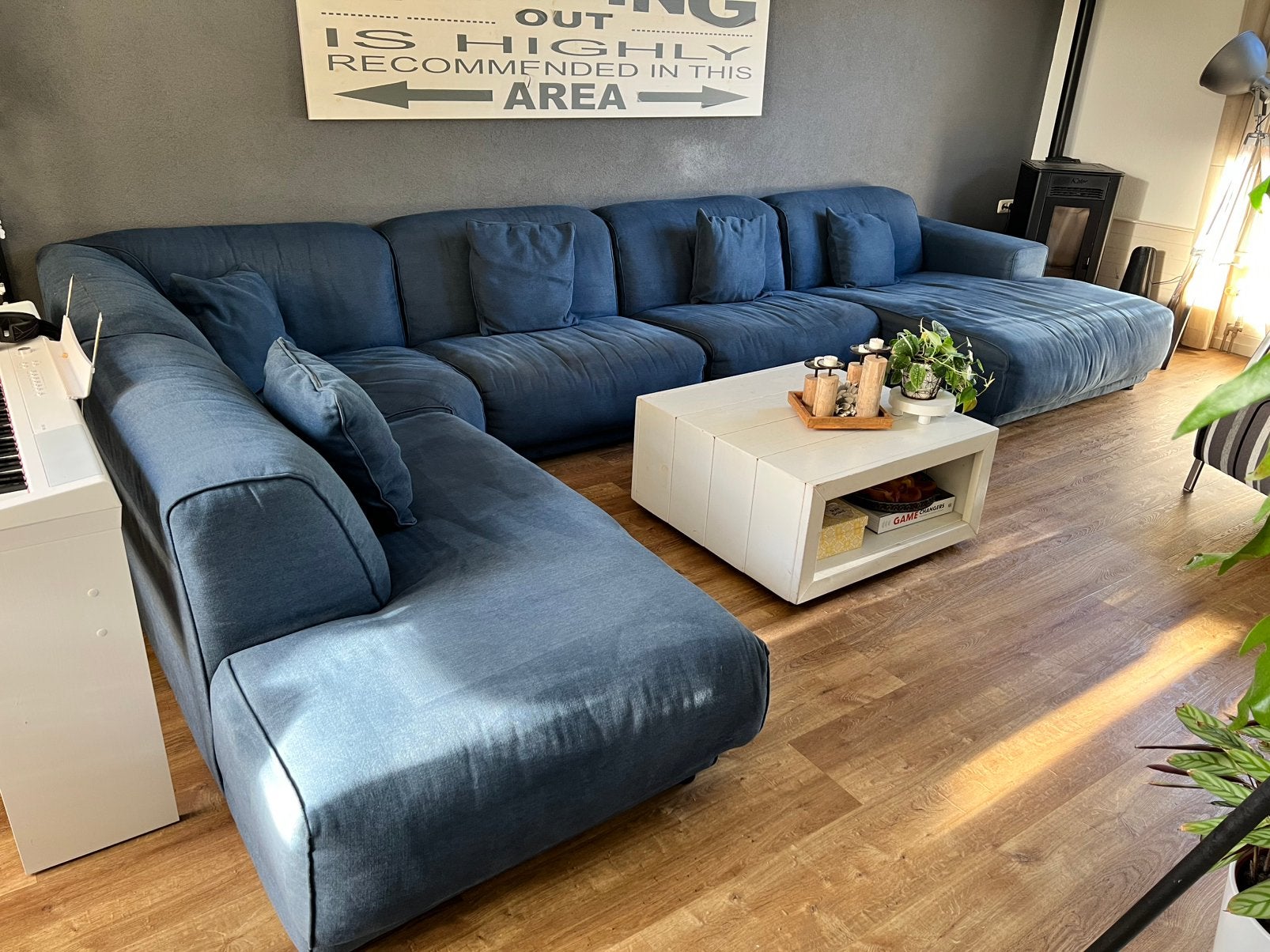 Ruime blauwe u-vormige hoekbank 430x260, Ophalen, Gebruikt, Stof