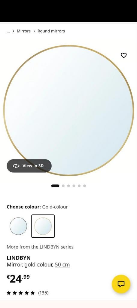 Ikea Lindbyn spiegel, rond, goudkleurig, Ophalen, Rond, 50 tot 75 cm, Minder dan 100 cm