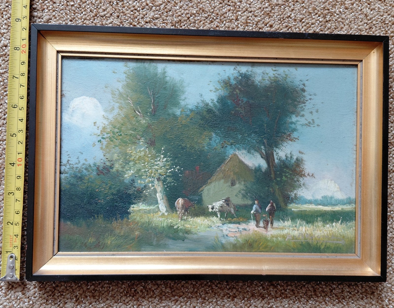 Olieverfschilderij Landschap met figuren en vee, 22x32cm, Ophalen of Verzenden