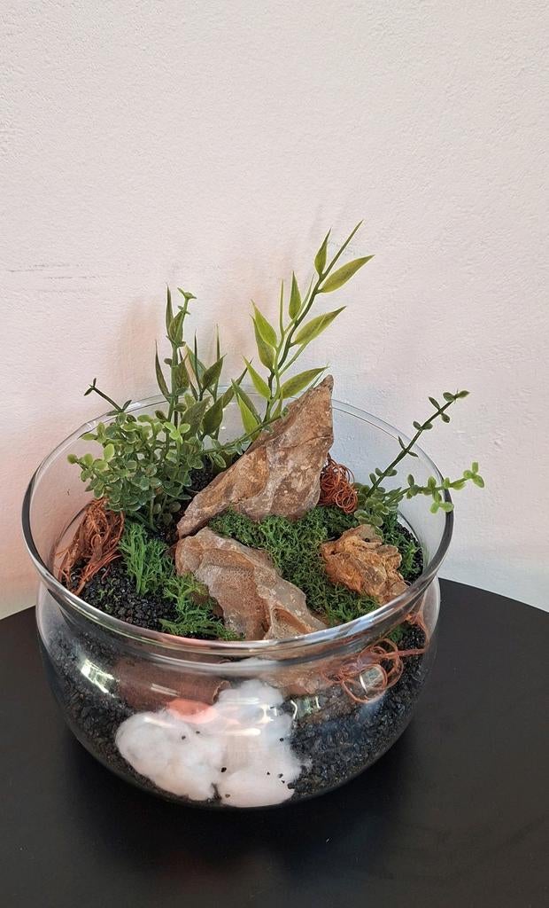 Decorative mini-landschap in glazen vaasje - Kunstplanten, Ophalen, Schaal, Rond, Glas