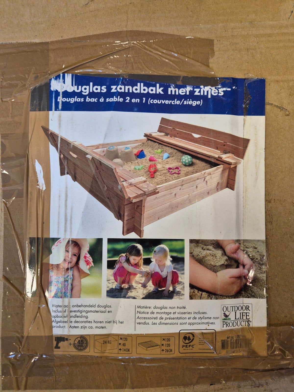 Douglas zandbak met zitjes 120x120x30cm (Beschadigd), Kinderen en Baby's, Speelgoed | Buiten | Zandbakken, Ophalen, Gebruikt, -