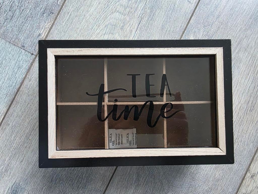 Nieuwe theedoos met 6 vakken en 'TEA time' opdruk, Hout, Nieuw, Ophalen of Verzenden, Zwart