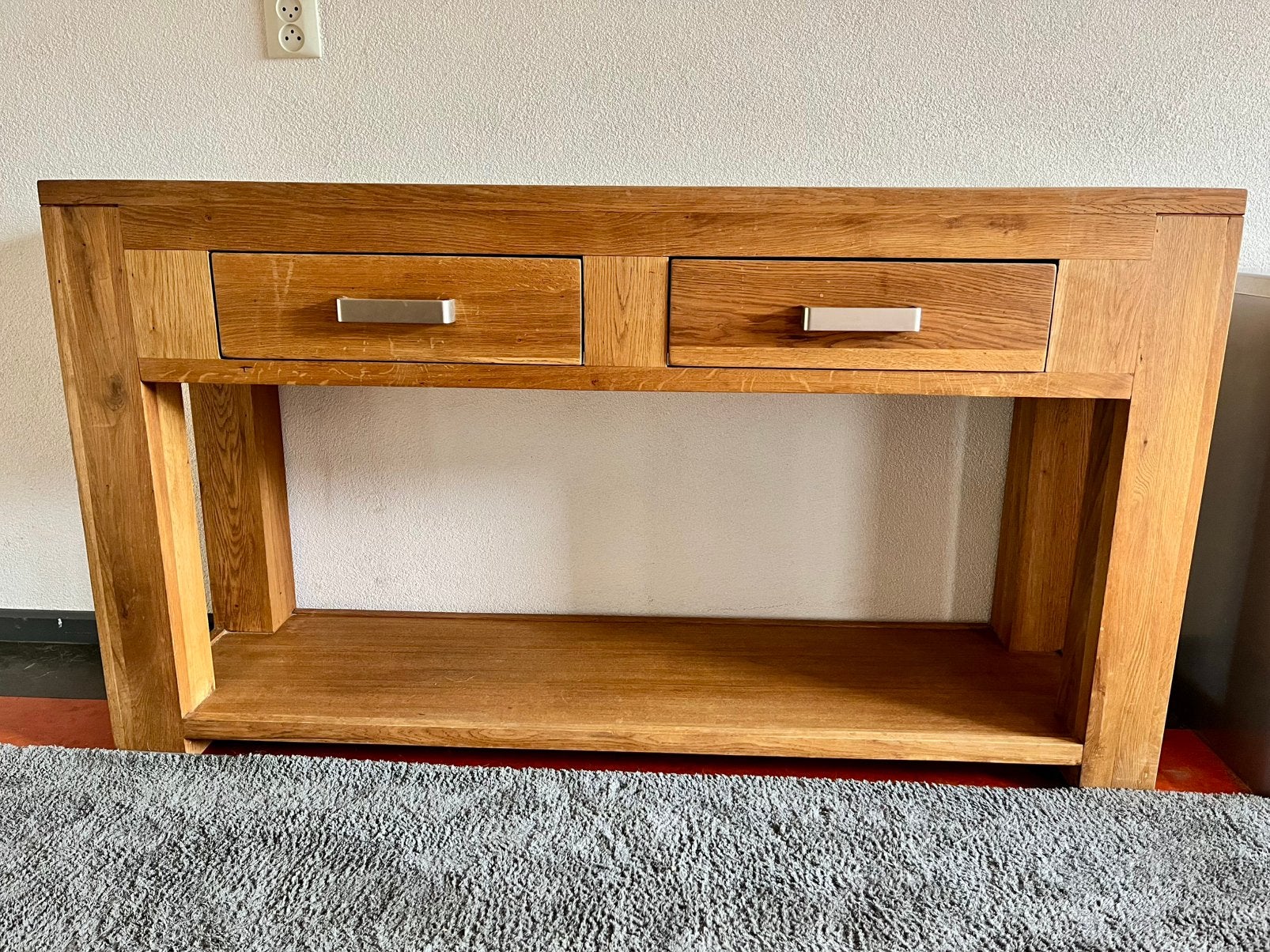 Massief eiken sidetable / dressoir 140 cm met 2 lades, Ophalen, 100 tot 150 cm, Zo goed als nieuw, 25 tot 50 cm