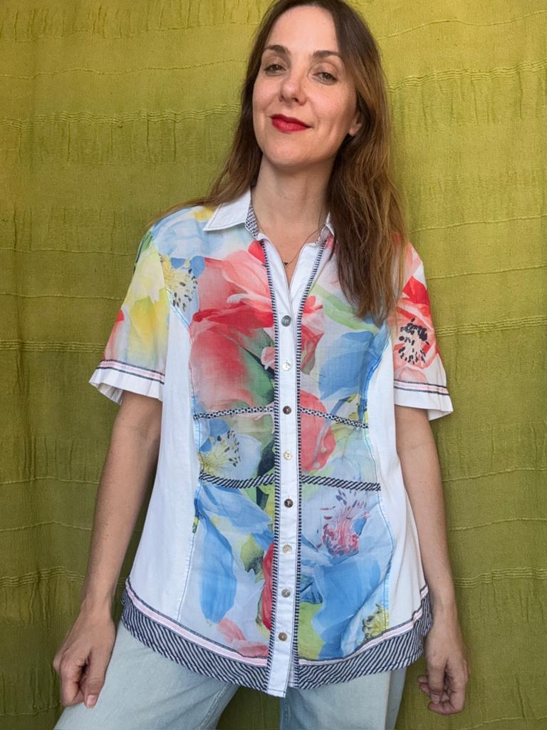 Vintage blouse Witteveen- wit - print - 40/42 of oversized, Maat 38/40 (M), Hgv, Wit, Hgv
