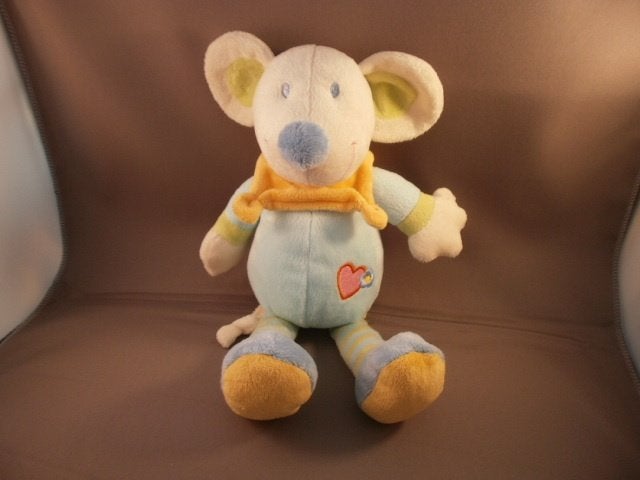 nicotoy muis hartje en bloem op buik blauw/geel/groen 26 cm, Kinderen en Baby's, Muis, Ophalen of Verzenden, Zo goed als nieuw