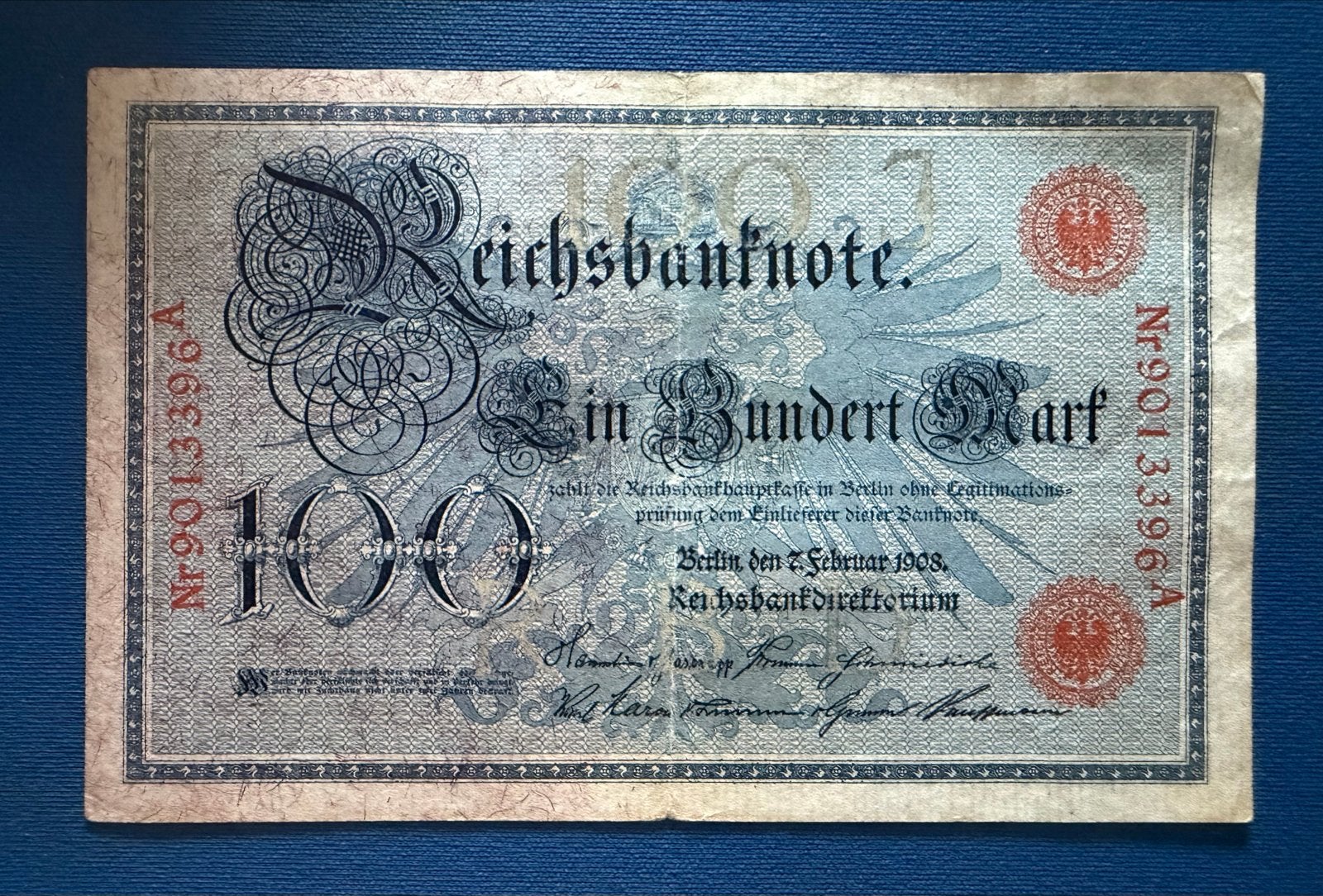 Zeldzame Reichsbanknote 100 Mark 1908 Duitsland, Ophalen of Verzenden, Duitsland, Los biljet