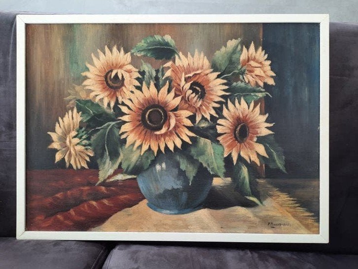 Schilderij met zonnebloemen, gesigneerd, Bloemen, Doek, Realistisch, Ophalen of Verzenden