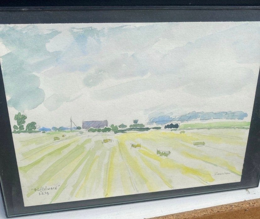 Aquarel "Büffelward" - Landschap met boerderij en veld, Gedateerd, Realistisch, Ophalen of Verzenden, Landschap