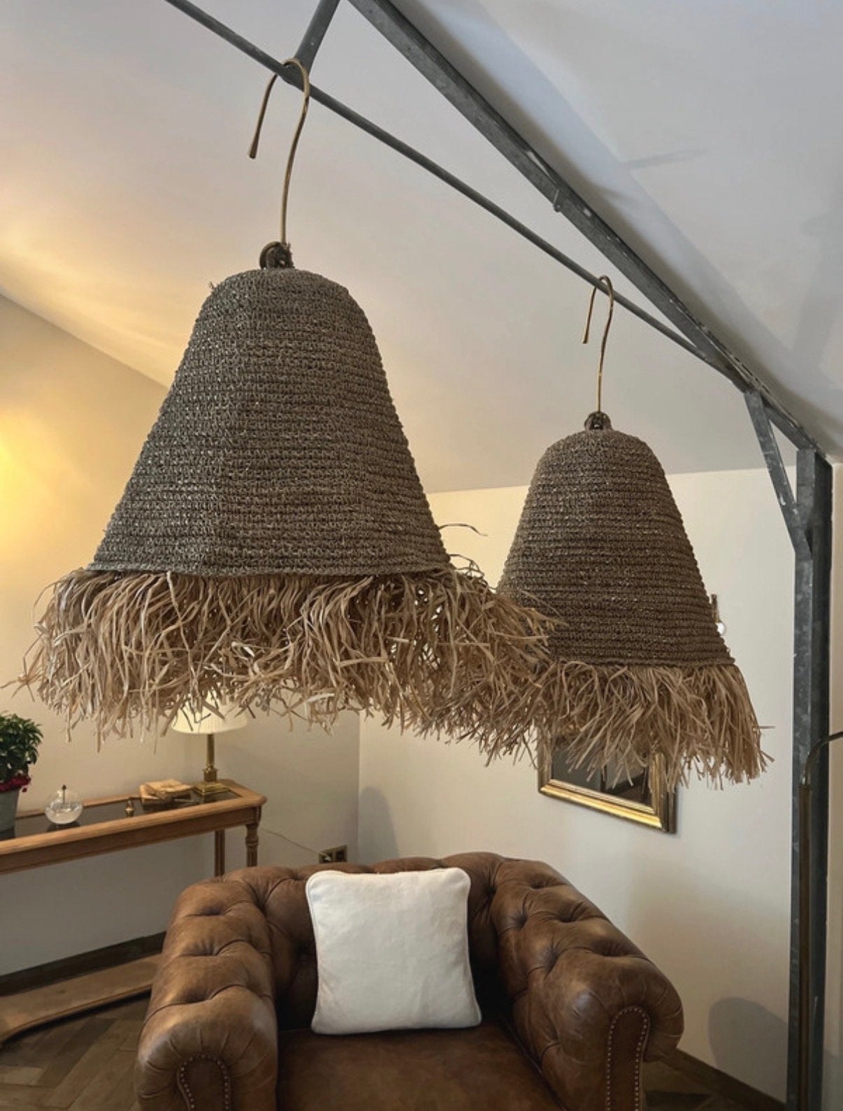Twee rotan lampenkappen Ibiza look vintage, Ophalen, Gebruikt, Bruin, 50 cm of meer
