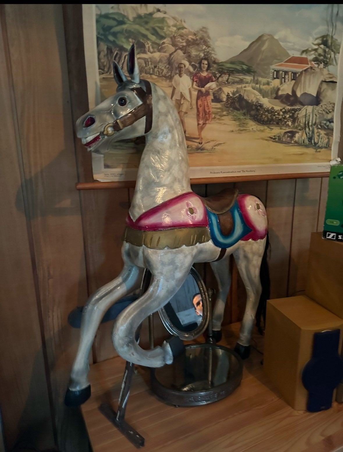 Prachtig vintage carrousel paard–handgeschilderd (110 cm), Meerkleurig, Hout, Handgemaakt, Ophalen of Verzenden