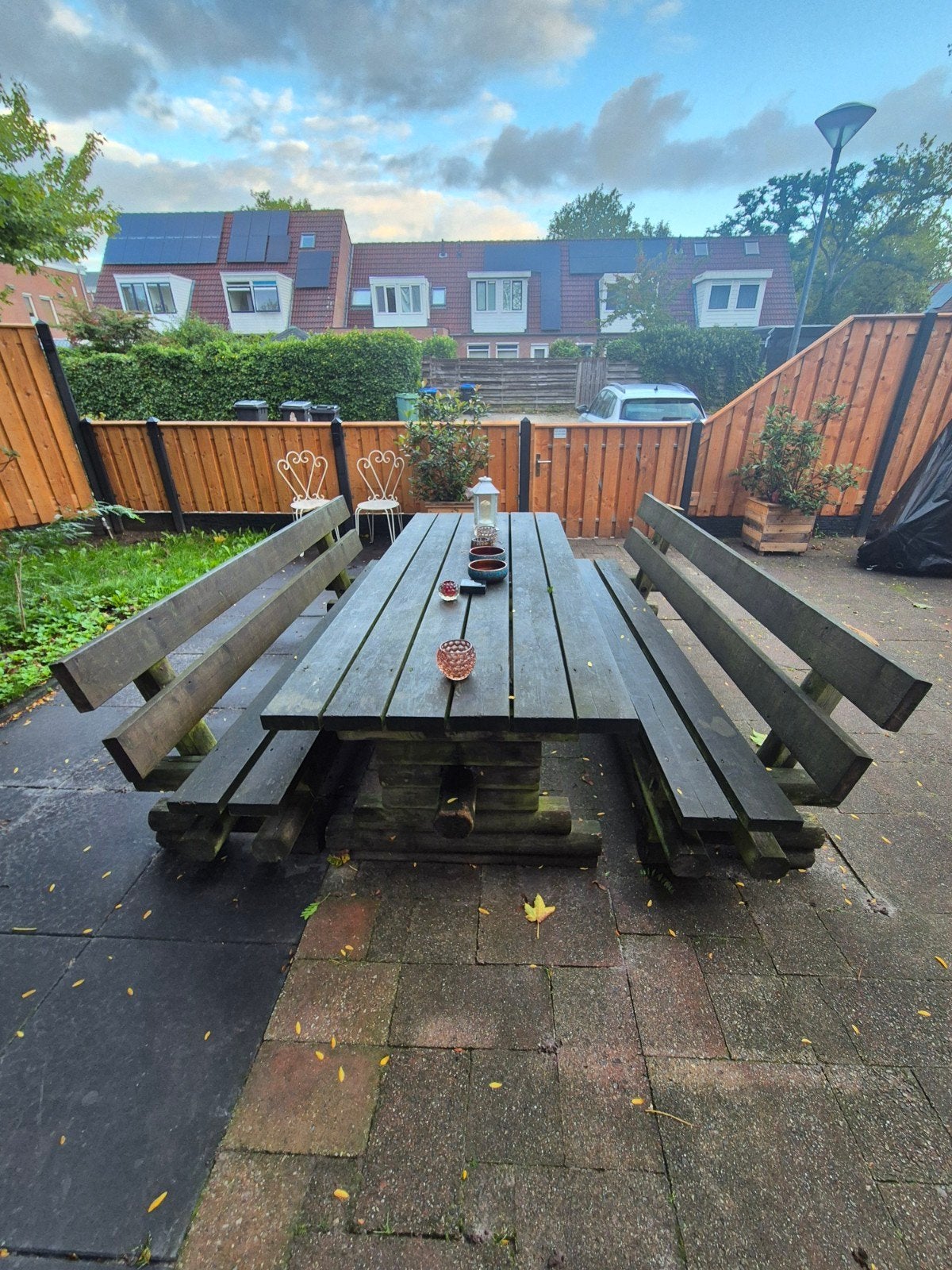 Robuuste houten picknicktafel met banken (opknapper!), Ophalen, Gebruikt, Rechthoekig, Hout
