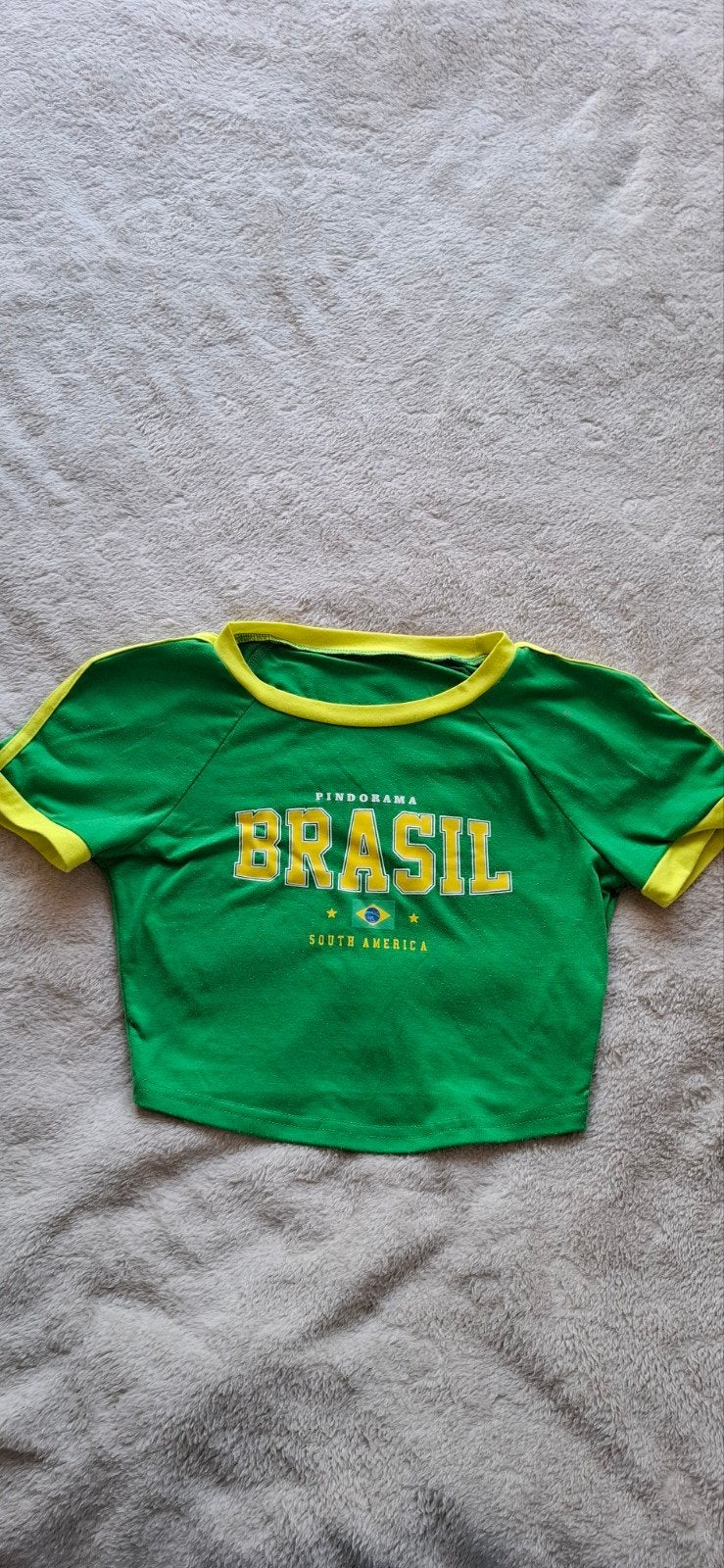 Groene crop top met 'Brasil' opdruk - XS/S, Kleding | Dames, T-shirts, Ophalen of Verzenden, Onbekend, Korte mouw, Maat 34 (XS) of kleiner