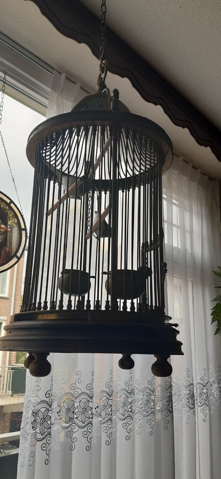 Antieke houten vogelkooi met kopere details, Ophalen