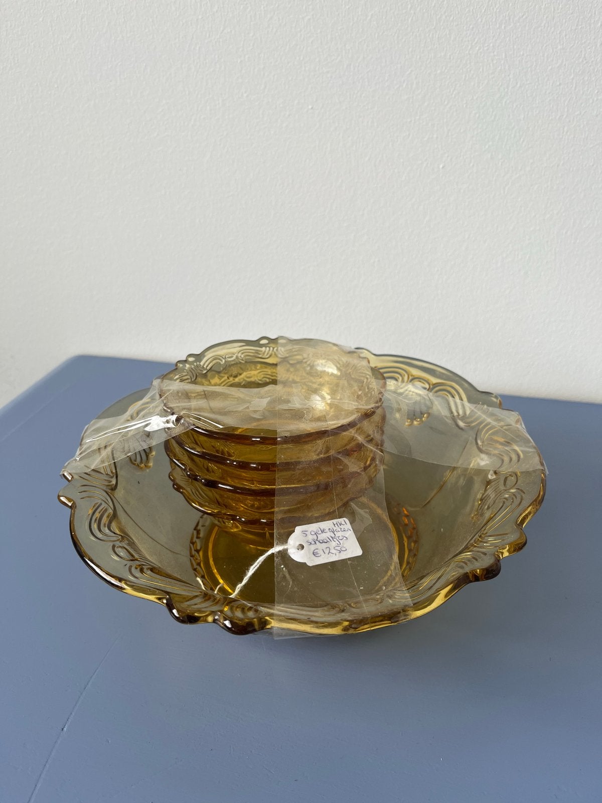 Vintage glazen schaal met 4 schoteltjes, Ophalen