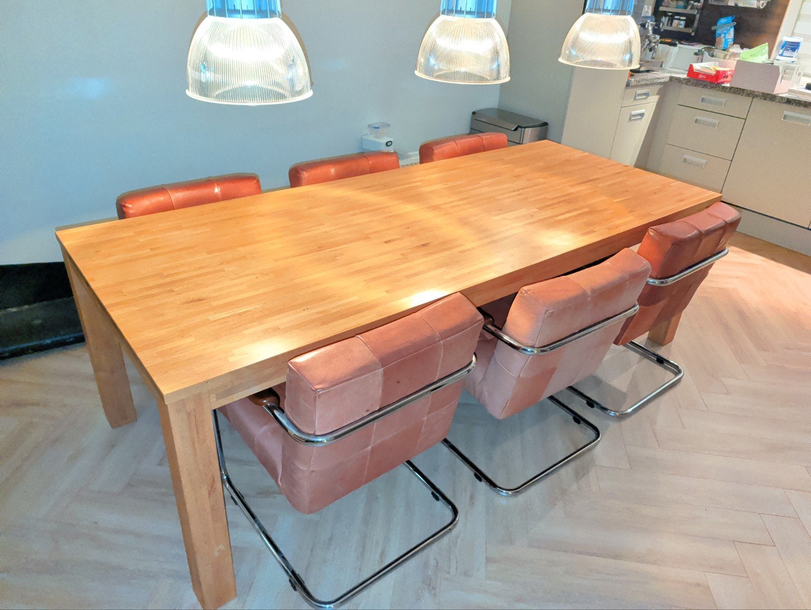 Grote eikenhouten eettafel - 239x98.5x76 cm, Ophalen, Gebruikt, Eikenhout, 200 cm of meer