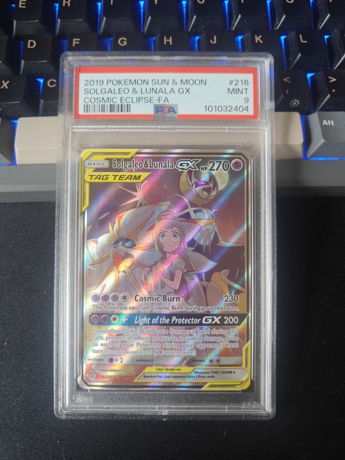 PSA 9 Solgaleo & Lunala GX - Cosmic Eclipse FA #216, Ophalen of Verzenden, Zo goed als nieuw, Losse kaart